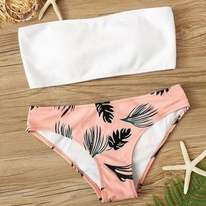Tropical Print Rib-knit Bandeau Bikini Swimsuit